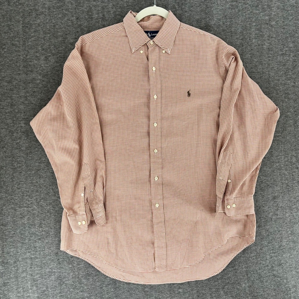 VTG Ralph Lauren Yarmouth Mens 16 32/33 Orange Gingham Cotton Button Down Shirt